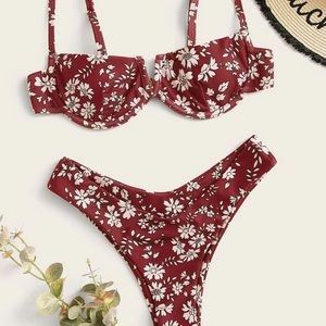 Shein red floral bikini size medium